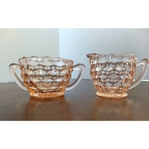 PINK DEPRESSION GLASS Creamer & Sugar Bowl Set Jeanette DIAMOND CUBIST‎ Vintage